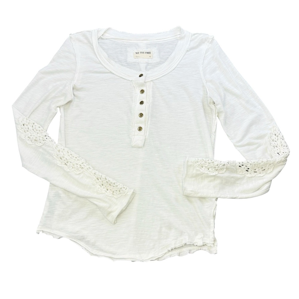 Free People Henley Crochet Lace Cuffs Tee Shirt Top Sz M White Raw Seams